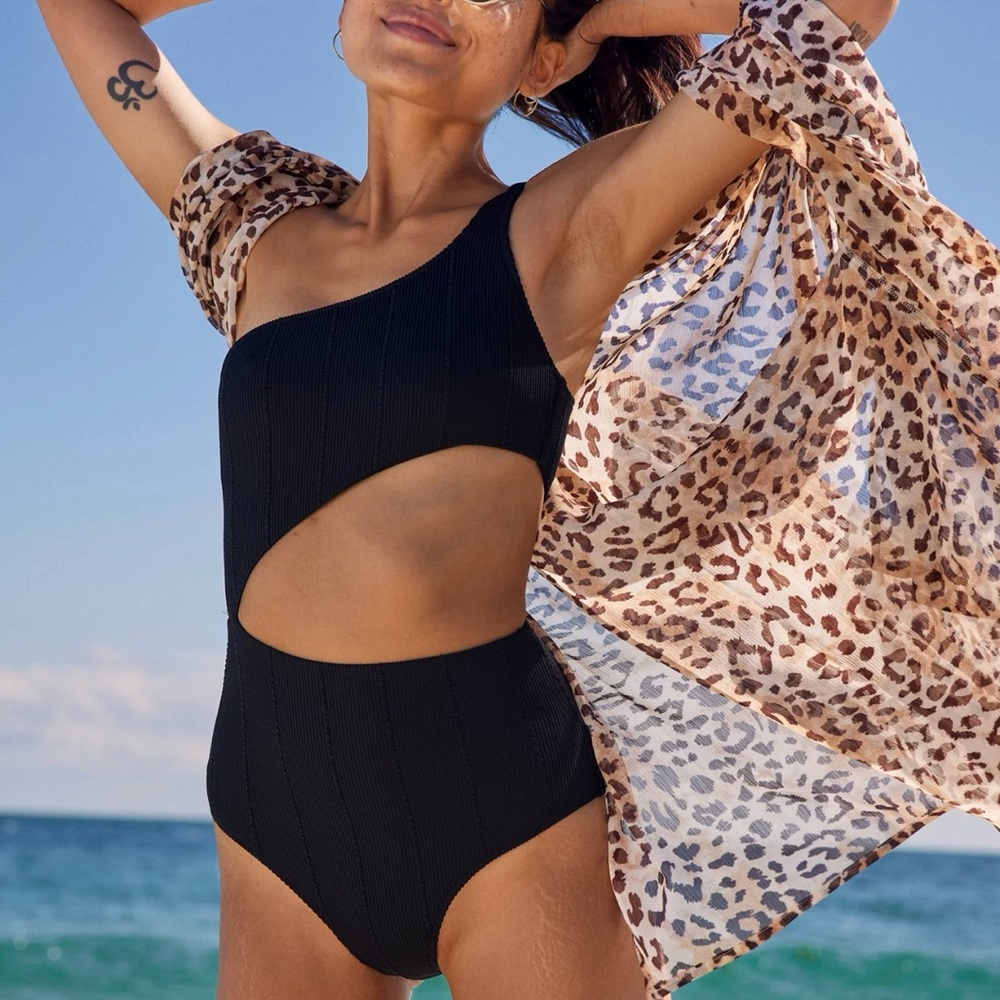 Aerie Crinkle Asymmetrical Cut Out One Piece Swimsuit
